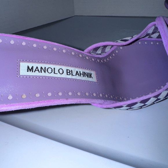 Manolo Blahnik Maysalebi Purple Check Kitten Heel Mule Pumps 37.5=7.5 - Picture 4 of 6
